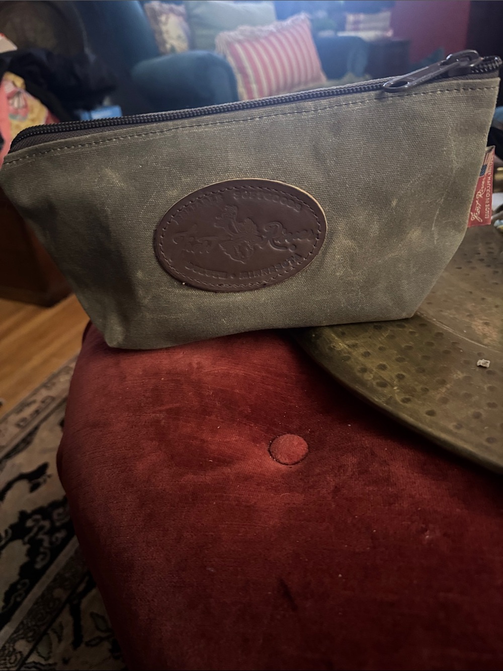 Olive Waxed Canvas Toiletry Pouch with Brown Leather Patch